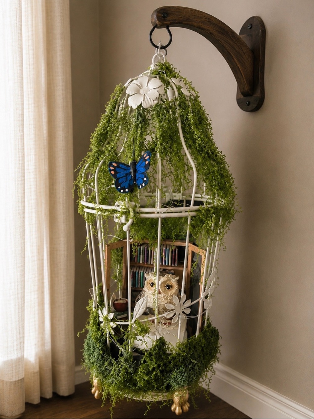 Handmade White Owl Birdcage Décor with Moss and LED Lights